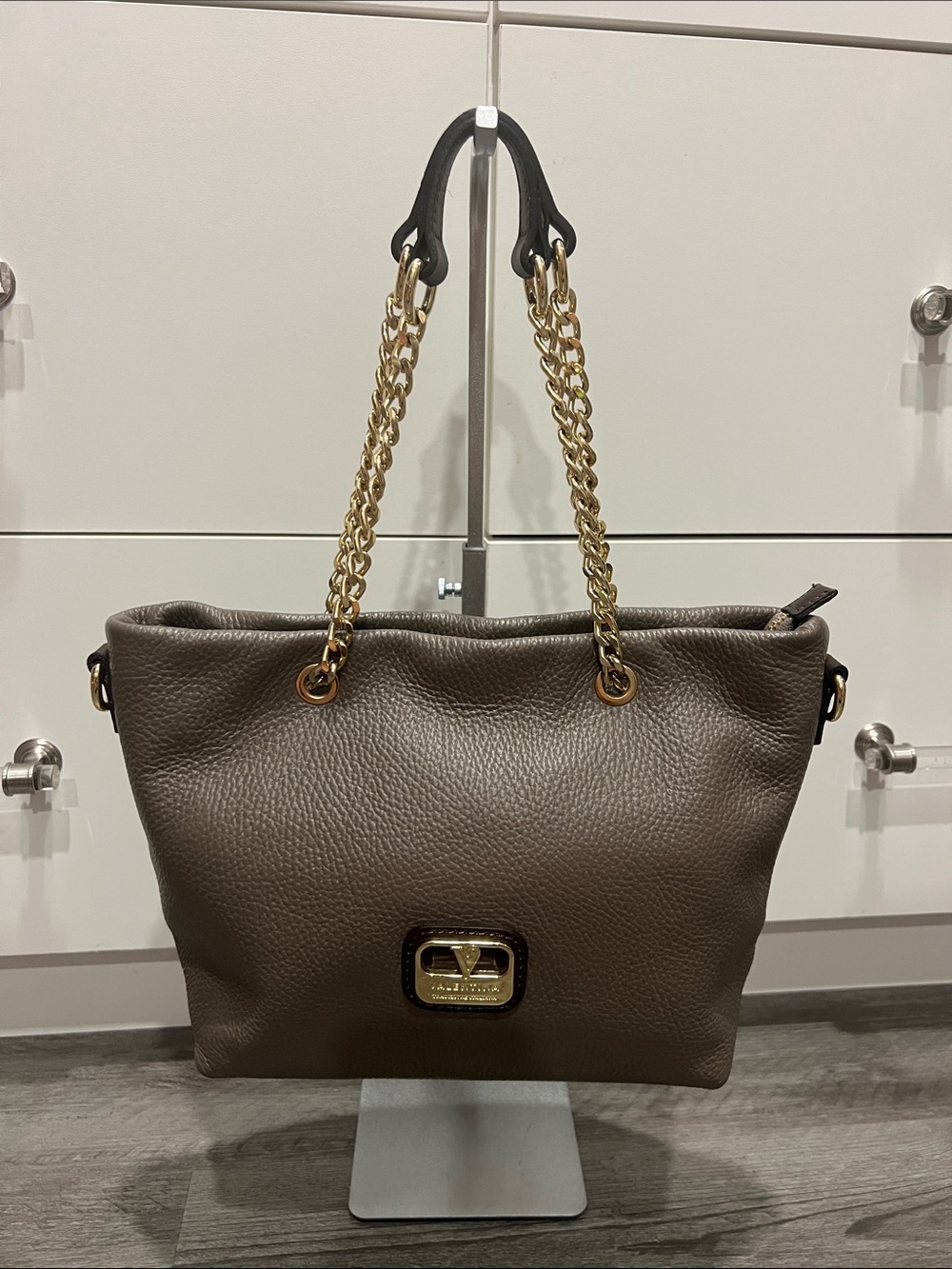 Valentina Taupe Pebbled Leather Tote with Gold Chain Handles/ Crossbody Bag
